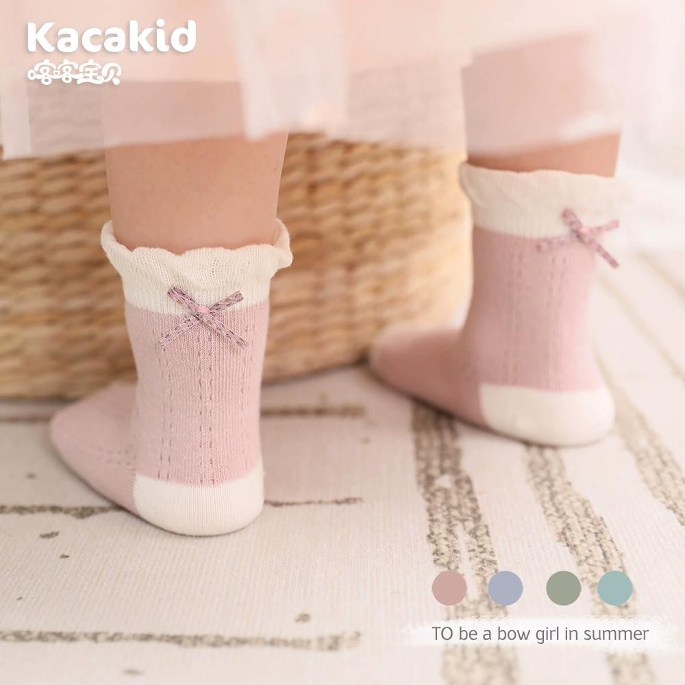 Весенне-летние хлопковые короткие носки класса А для девочек с дышащими детскими носками с сетчатым бантом. Детские весенне-осенние носки средней длины.