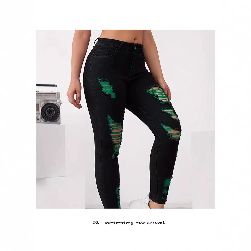 跨境欧美女大码加肥紧身破洞牛仔裤时尚提臀小脚裤外贸亚马逊