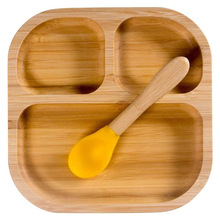 木质儿童卡通餐盘 婴儿喂养辅食餐盘硅胶吸盘固定防滑落竹餐盘