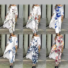 2023欧美跨境女装宽松大码不规则印花九分袖直筒裤裤两件宽松显瘦