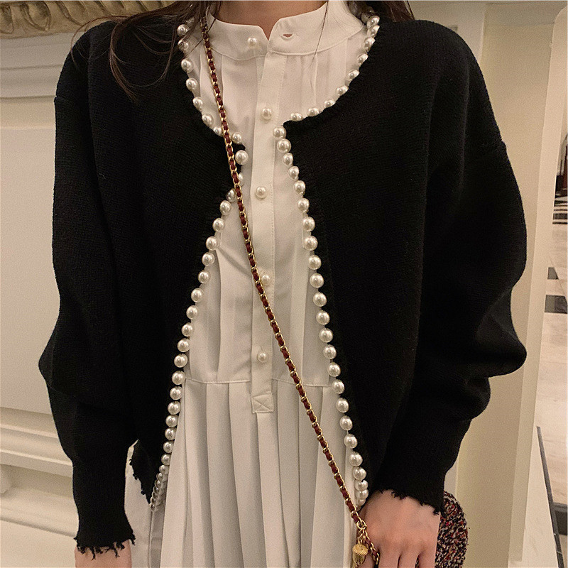 2024 Autumn New Round Neck Pearl Trimmed Sweater Short Long Sleeve Heavy Industry Cardigan Sweater Fashion Jacket for Women 2024 Autumn New Round Neck Pearl Trimmed Sweater Short Long Sleeve Heavy Industry Cardigan Sweater Fashion Jacket for Women