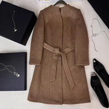 [玫瑰花系列]南油秋冬高定版玫瑰花驼绒圆领单排扣系带长款大衣女