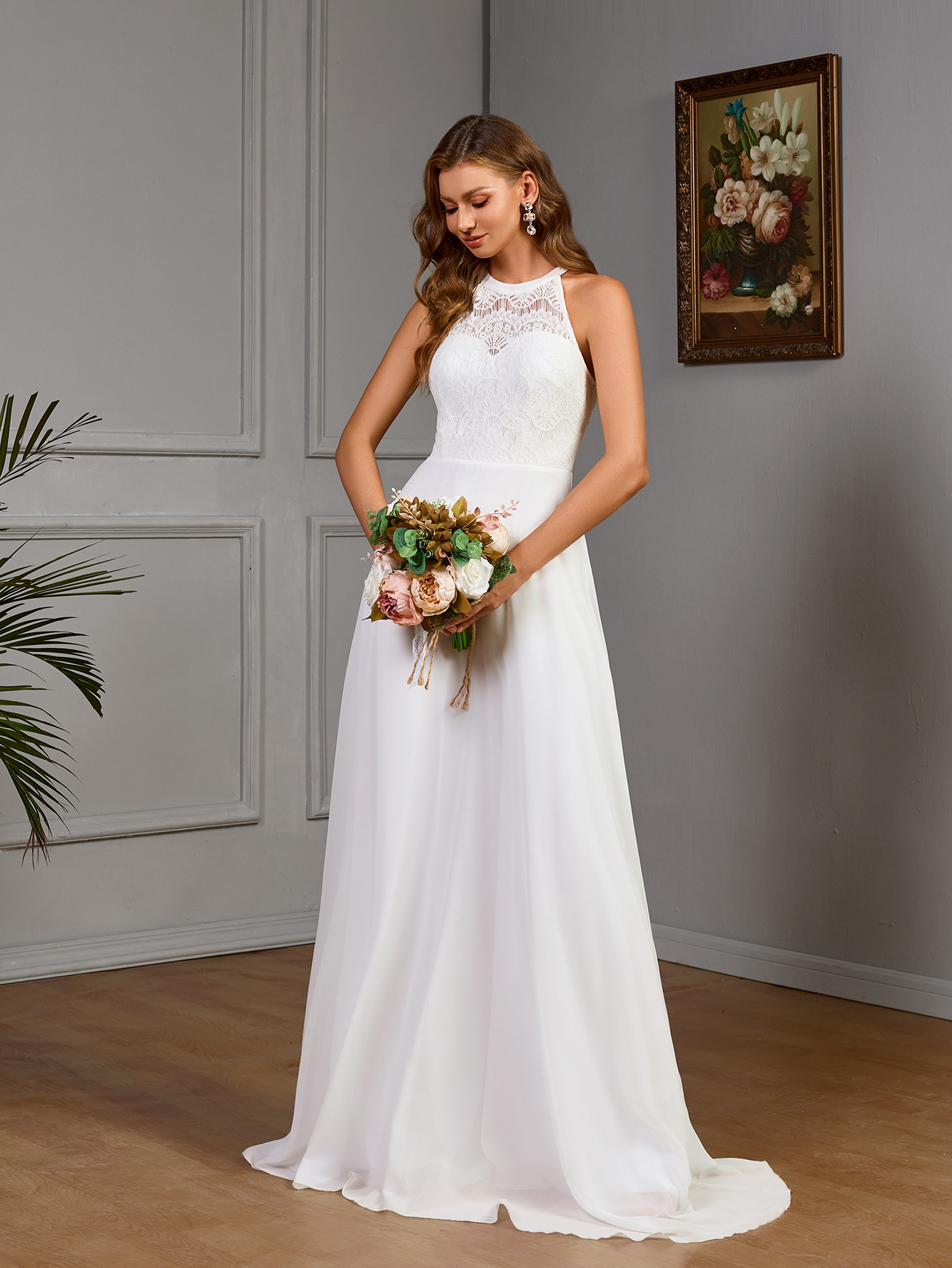 Spring Sleeveless Halter Dress Wedding Dress Bridesmaid Dress Solid Color Dress
