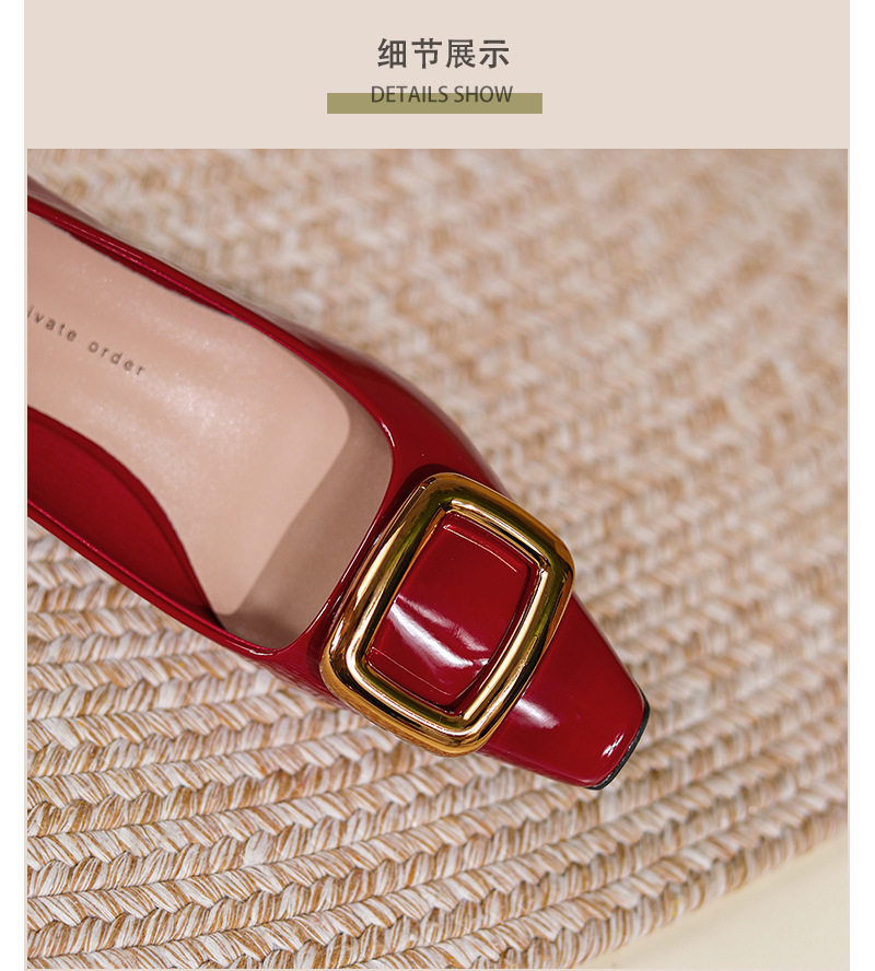 Giày cao gót nữ mũi vuông khóa vuông, da sáng chế, gót thô 6–8 cm — màu kaki, màu đỏ tía, đen chi tiết 10