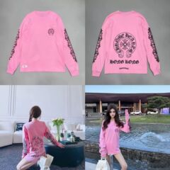 秋冬新款潮牌上衣印花宽松纯棉T恤时尚休闲圆领女款粉色纯棉长袖