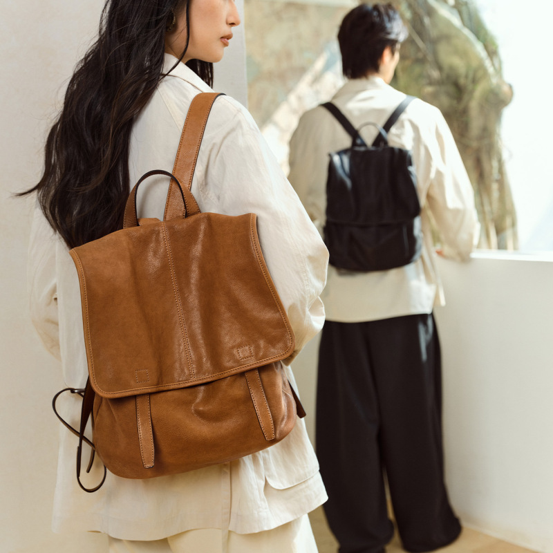 裘真信使系列双肩包竖款植鞣羊皮上班通勤大容量男女同款休闲 揹|undefined