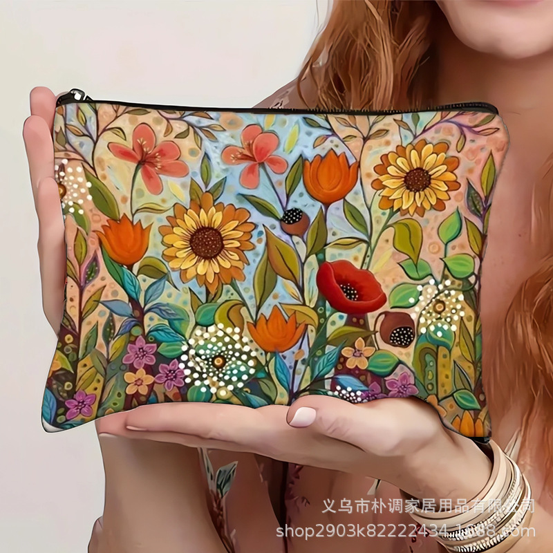 アマゾン越境販売 ポリエステル麻混紡 2Dデジタルプリント 刺繍風花柄キャンバス化粧ポーチ 花柄装飾|undefined