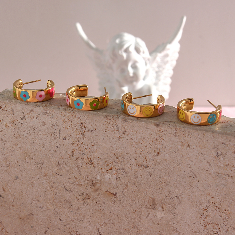 Lady Heart Shape Flower Stainless Steel Earrings Enamel Stainless Steel Earrings