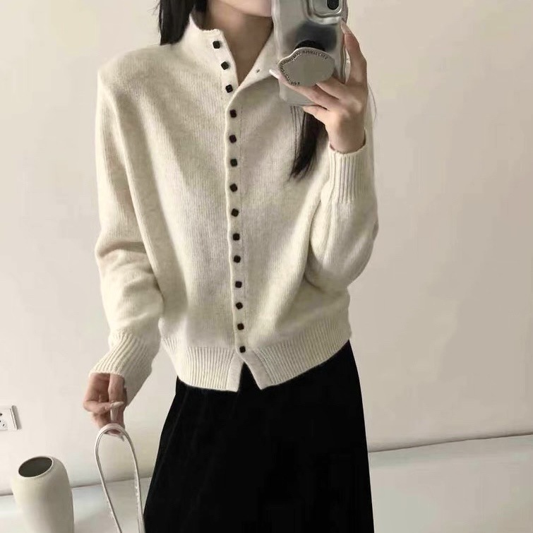 Square Button Half Turtleneck Knitted Cardigan Jacket Korean Style Slimming Look Versatile 2025 Autumn and Winter New Sweater Top for Women