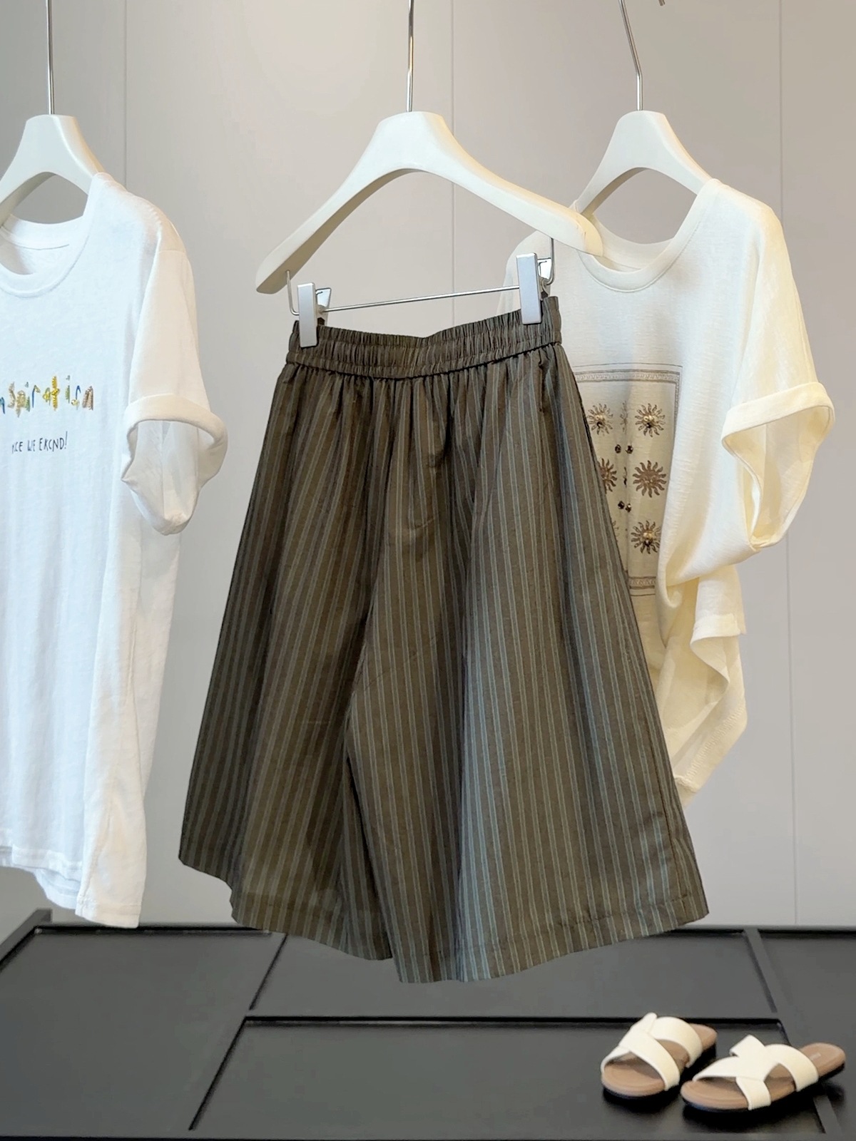 Retro Women's Drawstring Striped Casual Pants Slimming Flattering Loose Fit Wide Leg Shorts Five Point Skirt Style Summer_ecoleips.com