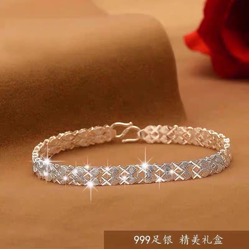 纯银S999手链爱心情侣款时尚足银韩版男女款简约千足银链生日礼物