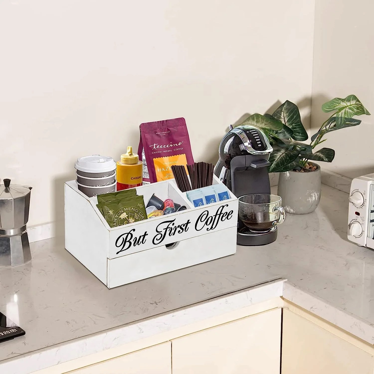 Encimera de cocina botella de condimento caja de almacenamiento mesa de bar bolsa de café taza de papel caja de almacenamiento bebida doméstica caja de preparación de bocadillos