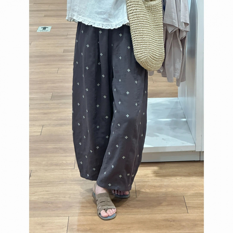 Linen Blend Embroidered Casual Pants High-Waisted Slimming Loose Straight Wide-Leg Pants Summer Versatile