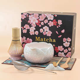 跨境日式带嘴结晶釉抹茶碗抹茶套装百本立茶筅立窑变抹茶套装茶拨