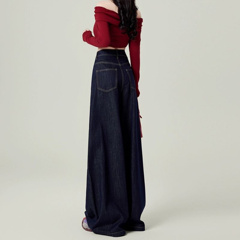 American-Style Dark Blue Wide-Leg Jeans for Women, Spring and Autumn 2026 New High-Waisted Loose Drape Floor-Length Pants for Early Spring