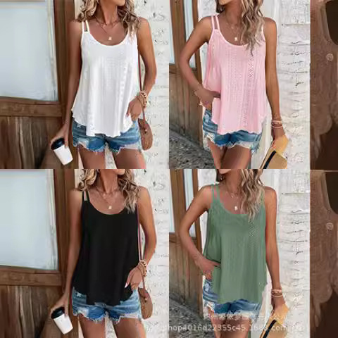 2023 Summer New European and American Cross-border Women's Clothing Amazon Wal-Mart Hot Mesh Embroidered Camisole