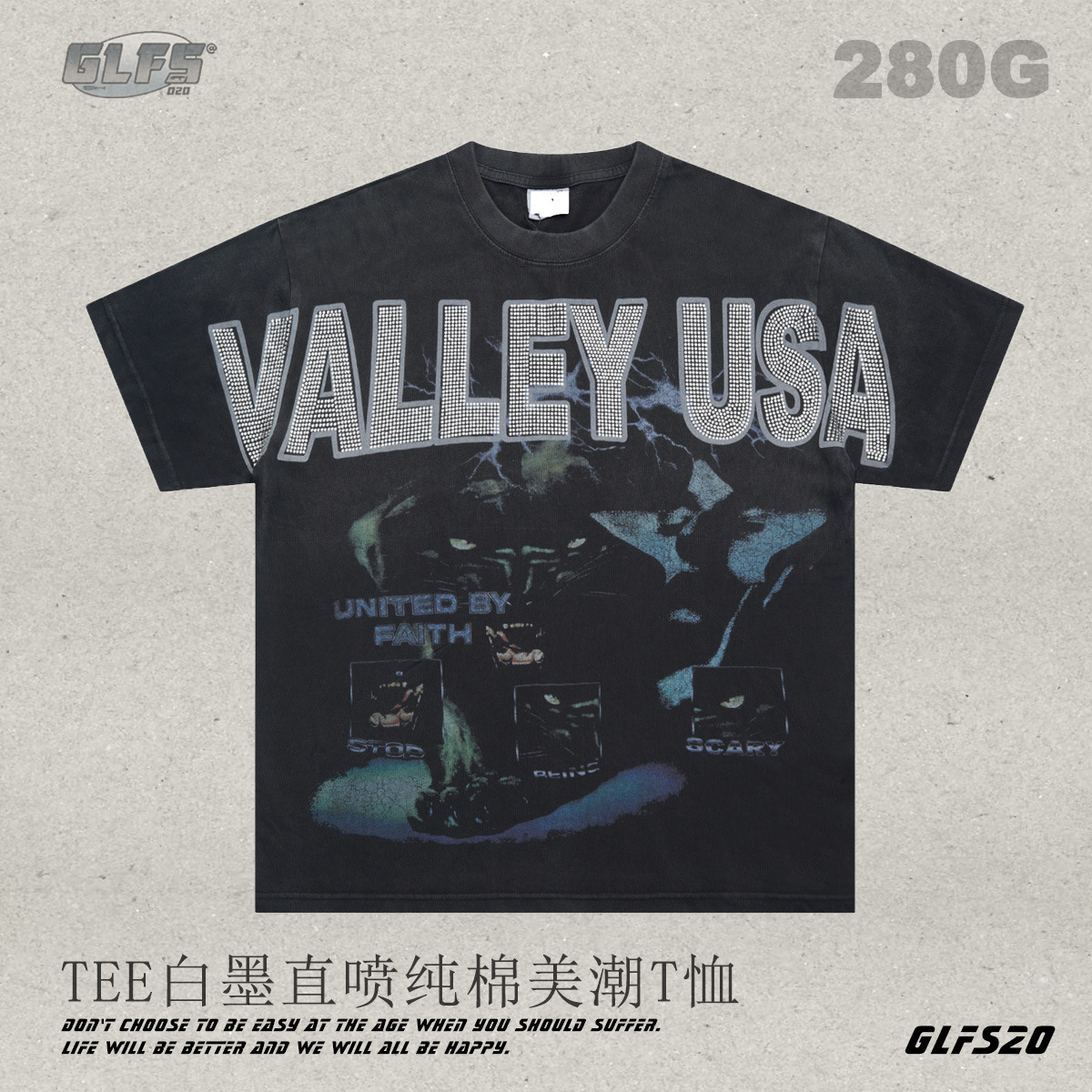 GLFS 25夏季青春重磅水洗烫钻高品纯棉短袖 男式暗黑穿搭上衣tee