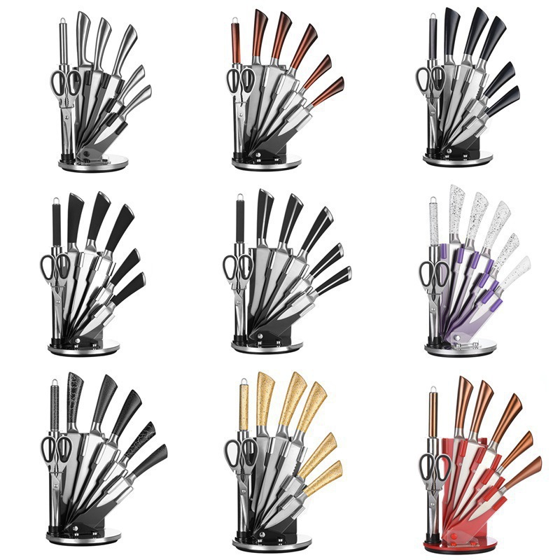 Comercio exterior de acero inoxidable mango hueco cuchillo de nueve piezas cuchillo vegetal cuchillo de cocina conjunto hogar cocina afilado combinación