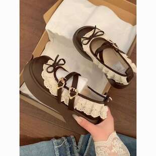 Brown Retro Thick-Soled Bow Small Leather Shoes for Women 2025 New Spring Style with Skirt French Mary Jane Shoes