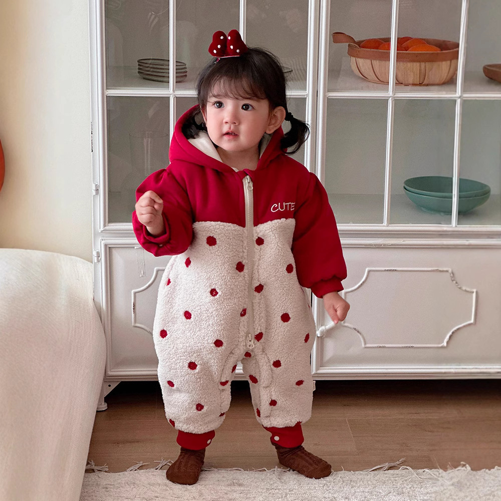 Ropa de invierno para bebés, pajarita de lunares, ropa de algodón gruesa, ropa de año nuevo lindo, ropa de mujer, mameluco para bebés, mameluco acolchado