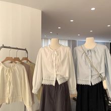 2025春季领口绑带纯色拼接蕾丝花边下摆长袖单排扣衬衫上衣女白色