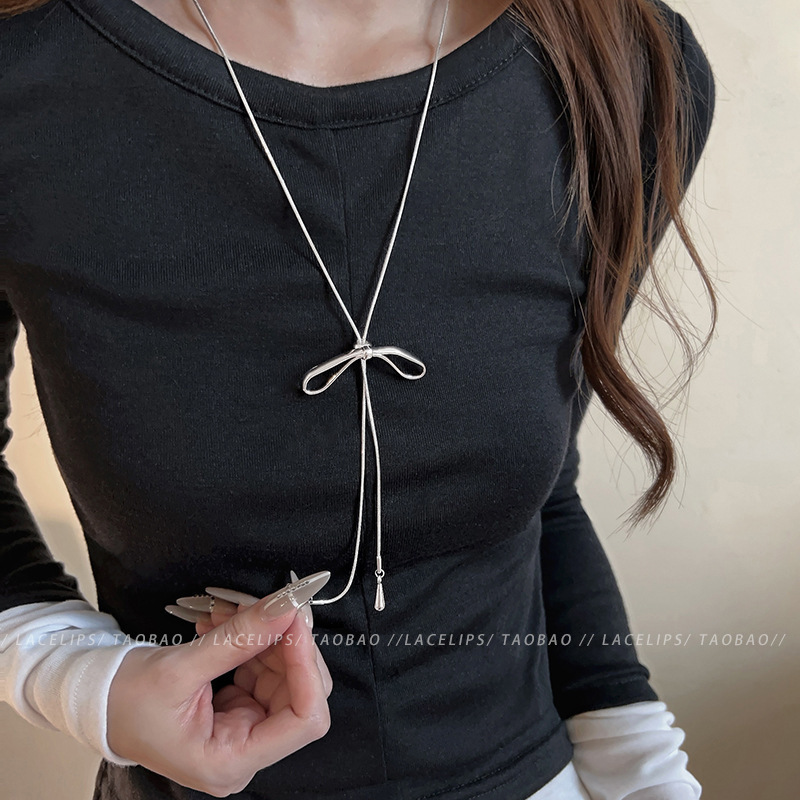 Silver Bowknot Pull-Out Necklace for Women, Simple Ins-Style Minimalist Long Accessory, Korean Fashion Elegant Clavicle Chain