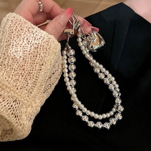 Ins Cool Style Simple Pearl Double Chain Love Mobile Phone Chain Suitable for 15 Mobile Phone Case Universal Hanging Chain Mobile Phone Chain
