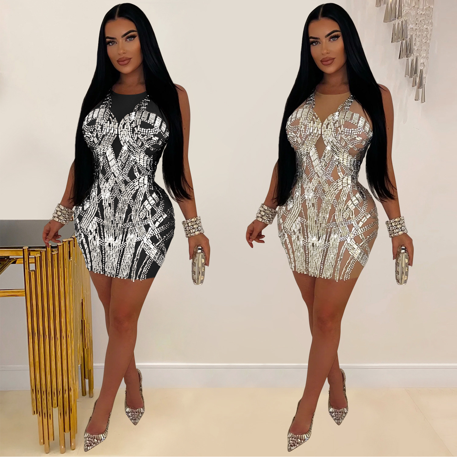 C6898 Cross-border AliExpress Amazon Vestido de falda corta de diamantes calientes de malla de color sólido para mujer de moda europea y americana image 1