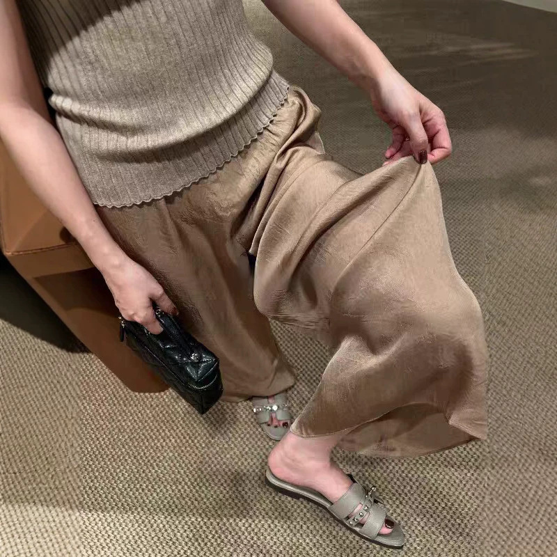 Khaki Acetate Wide-Leg Pants Skirt, Plus-Size Women's Drapey Old Money Style Casual Pants, Very Stylish Thin Pants for Summer