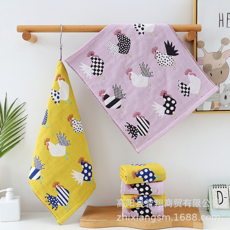 Export Towel Large Rooster Four-Layer Gauze Cotton Square Towel Hand Towel Kitchen Manufacturer Wholesale Absorbent Quick-Drying