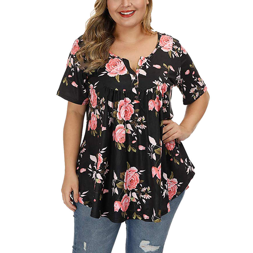 Camiseta holgada de manga corta con estampado de flores y botones de-Multicolor NSFH130971