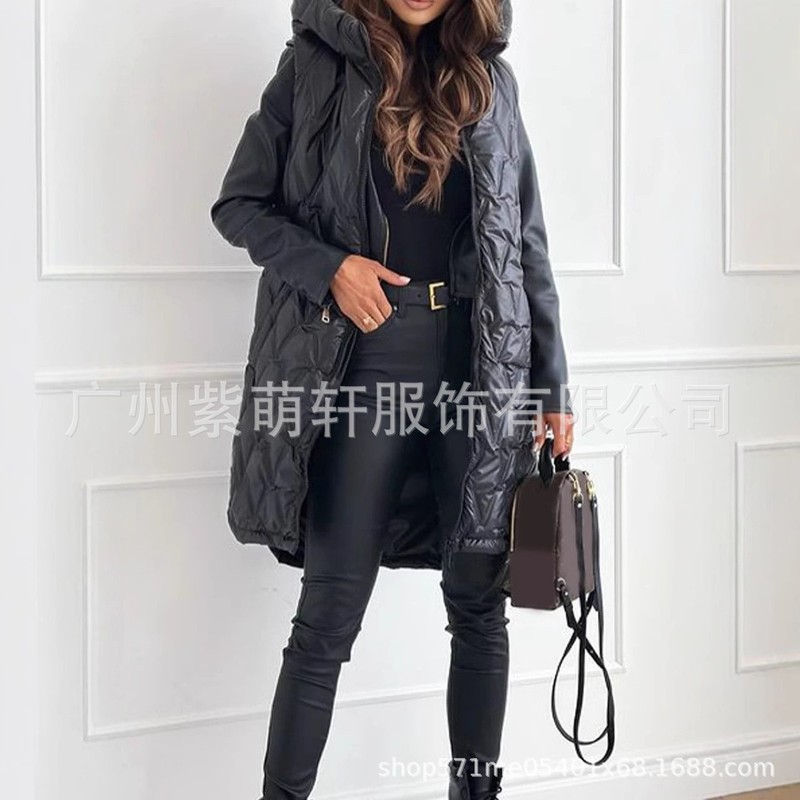 2025独立站欧美棉服长款马甲女士秋冬新款时尚连帽休闲马夹背心|undefined