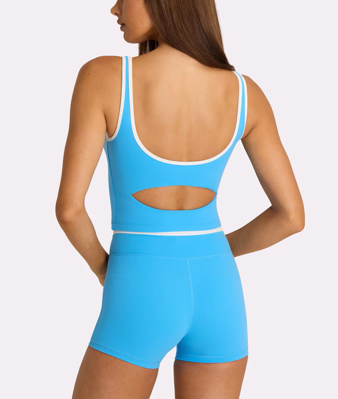 Europa y los Estados Unidos rápidamente seco transpirable color contraste diseño de borde cintura alta abdominal cruzado pantalones de ciclismo entrenamiento para correr conjunto de fitness