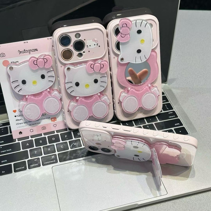 Kt Cat Phone Stand with Adhesive Mirror for Makeup Touch-Up, Cute Ins-Style Pink Cat Phone Stand for Girls, Cross-Border Kt Cat Phone Stand with Adhesive Mirror for Makeup Touch-Up, Cute Ins-Style Pink Cat Phone Stand for Girls, Cross-Border