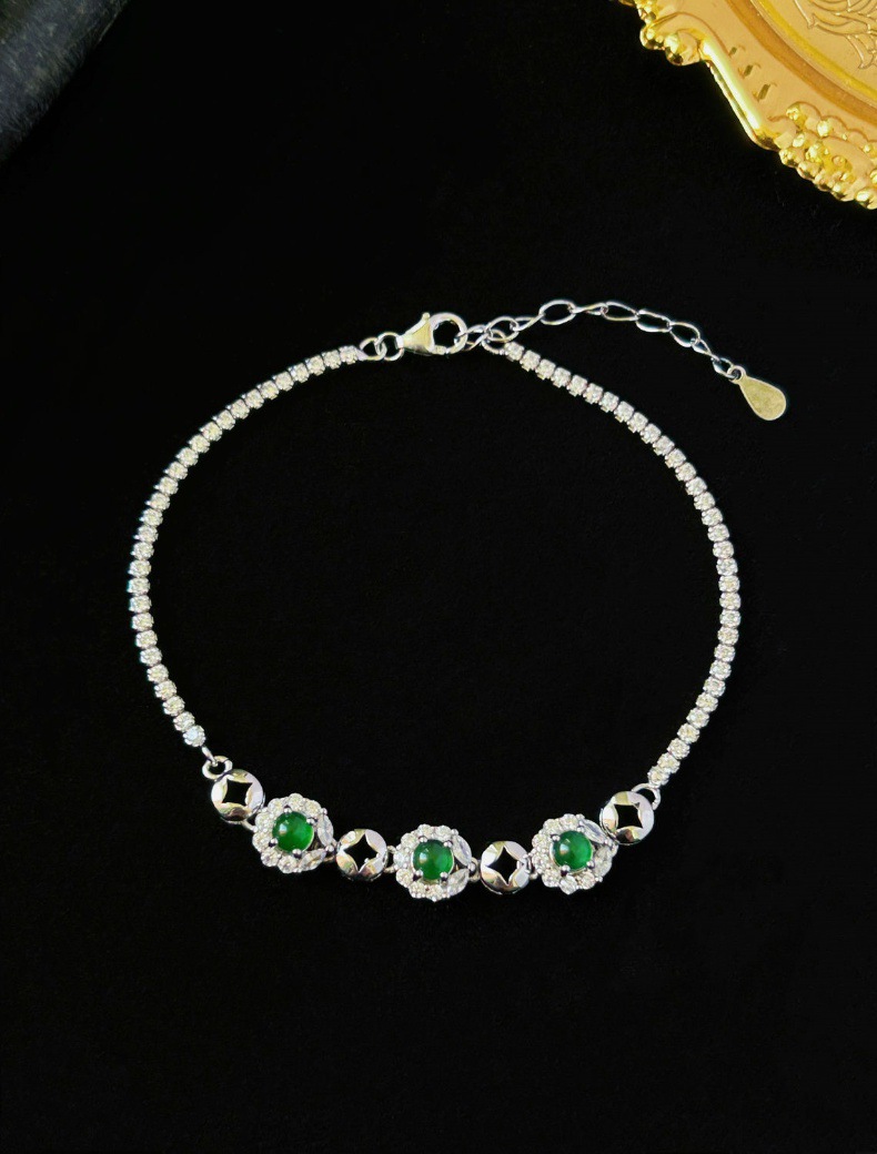 Vòng tay đá ngọc bích tự nhiên A hàng băng chủng mặt trứng cắt S925 bạc xi mạ vàng họa tiết hồ lô chi tiết 41