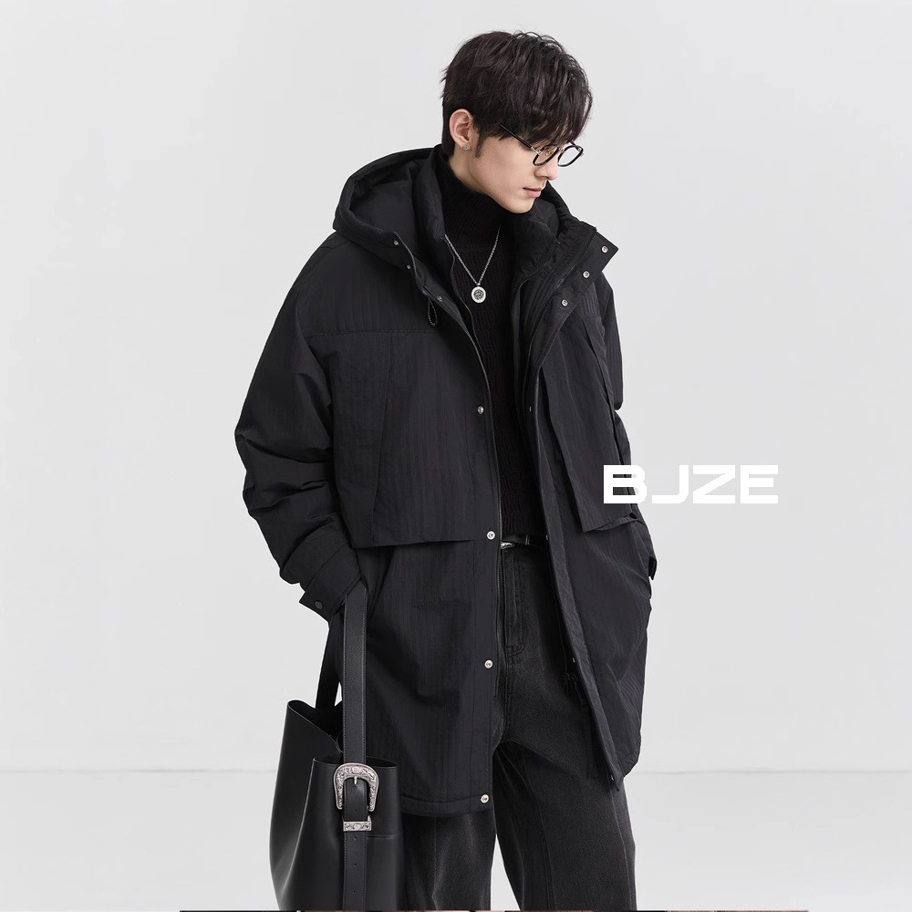 正品男装24冬季肌理感连帽羽绒服中长款韩版潮流鸭绒加厚风衣外套