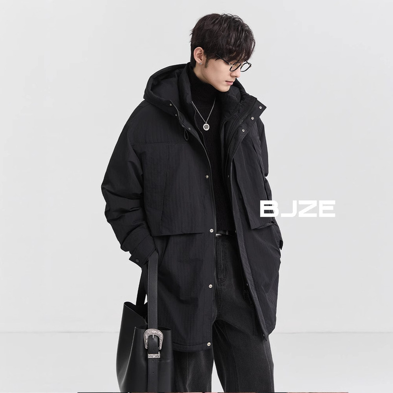 Authentic Men's Clothing 24 Winter Textured Hooded down Jacket Mid-Length Korean Style Trendy Duck down Thickened Trench Coat