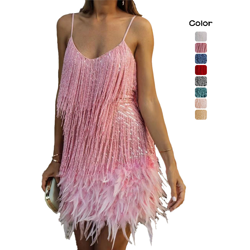 2025 Summer New Fashion Tassel Sequin Feather Patchwork Dress Amazon Hot-Selling in Stock for Women