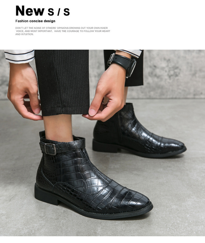 Men's Shoes Autumn And Winter Large Size Crocodile Pattern Short Boots Men's Business Solid Color Leather Boots Black High Top Leather_voghion.com