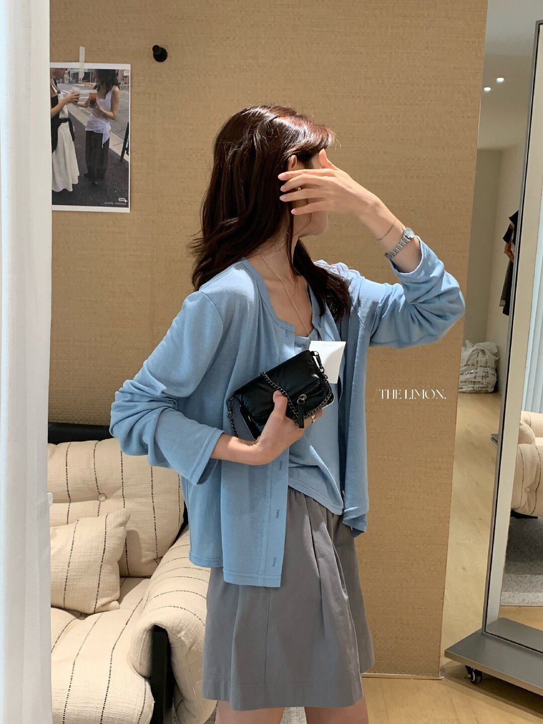 Bộ cardigan len mỏng kèm áo hai dây hai mảnh nữ mùa hè — Xám cacbon, xanh lam, màu hồng, Đậu xanh chi tiết 9