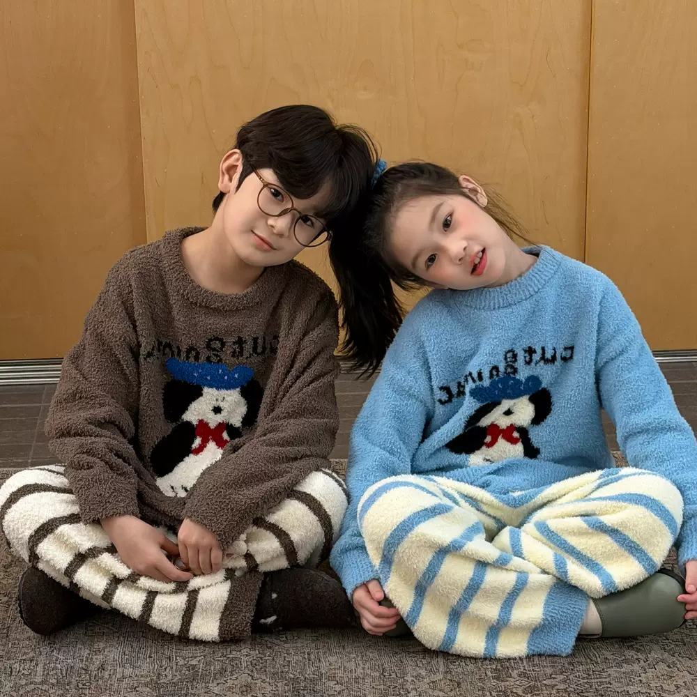 末小蒙家居服2026冬款男女童卡通条纹睡衣套装儿童套头舒适家居服