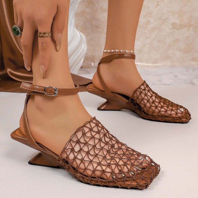 2026 New Brown Mesh Special-shaped Heel Sandals Square Head Buckle Low-heeled Women's Shoes_vogvips.com