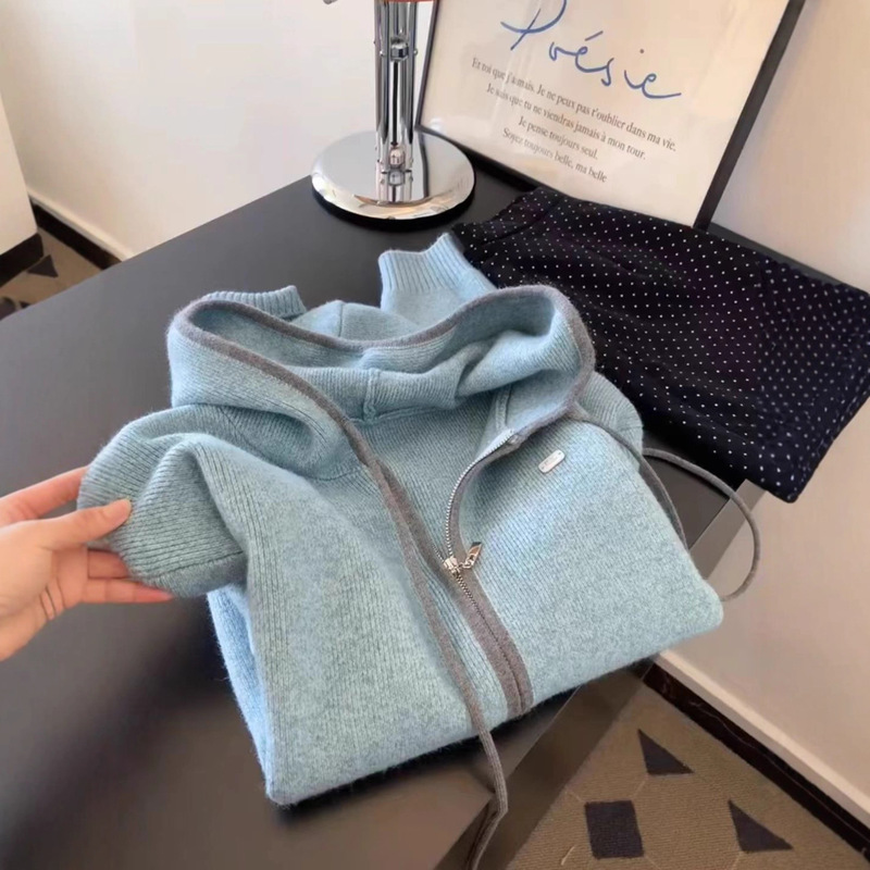 Double Zipper Gray Blue Hooded Knitted Cardigan Sweater Jacket for Women 2025 New Lazy Top Sweater