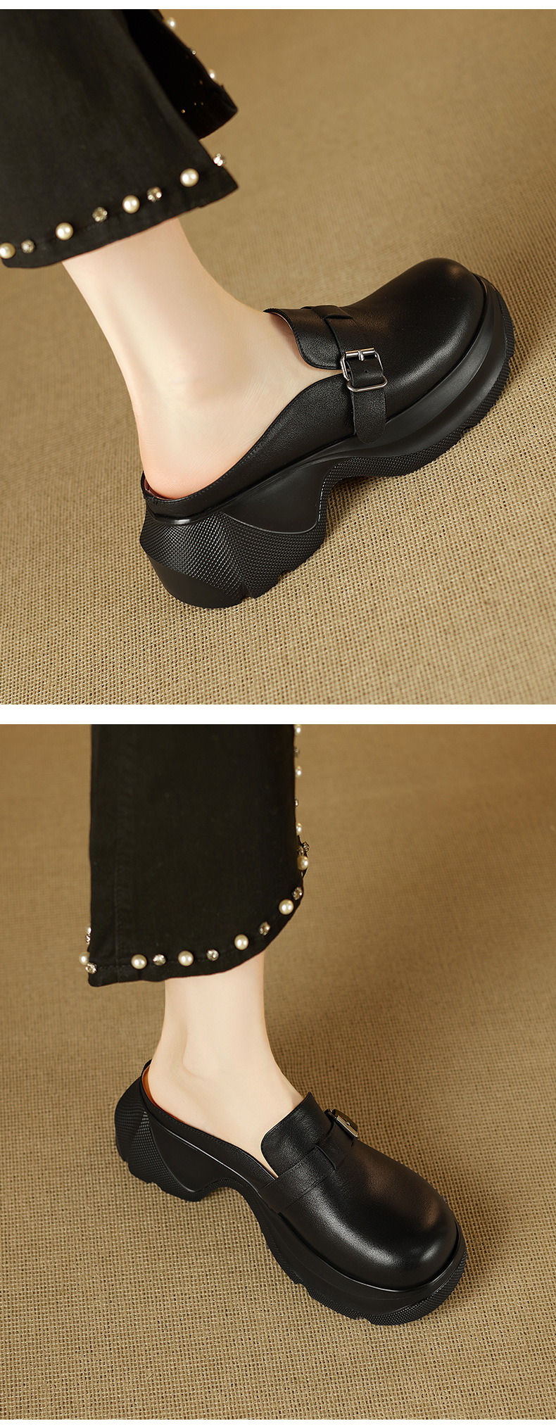 Dép sandal nữ mũi nhọn da bò thật đế dày gót cao 7 cm — đen chi tiết 5