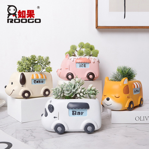 Animal camping car succulent flower pot creative personality office desktop decoration potted plant pot ornaments