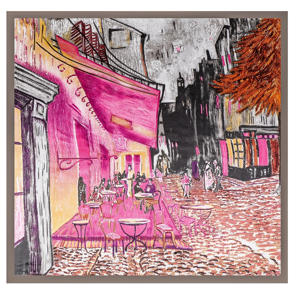 90cm Oil Painting Coffee House Alley Satin Ladies Large Square Scarf Wholesale display picture 5