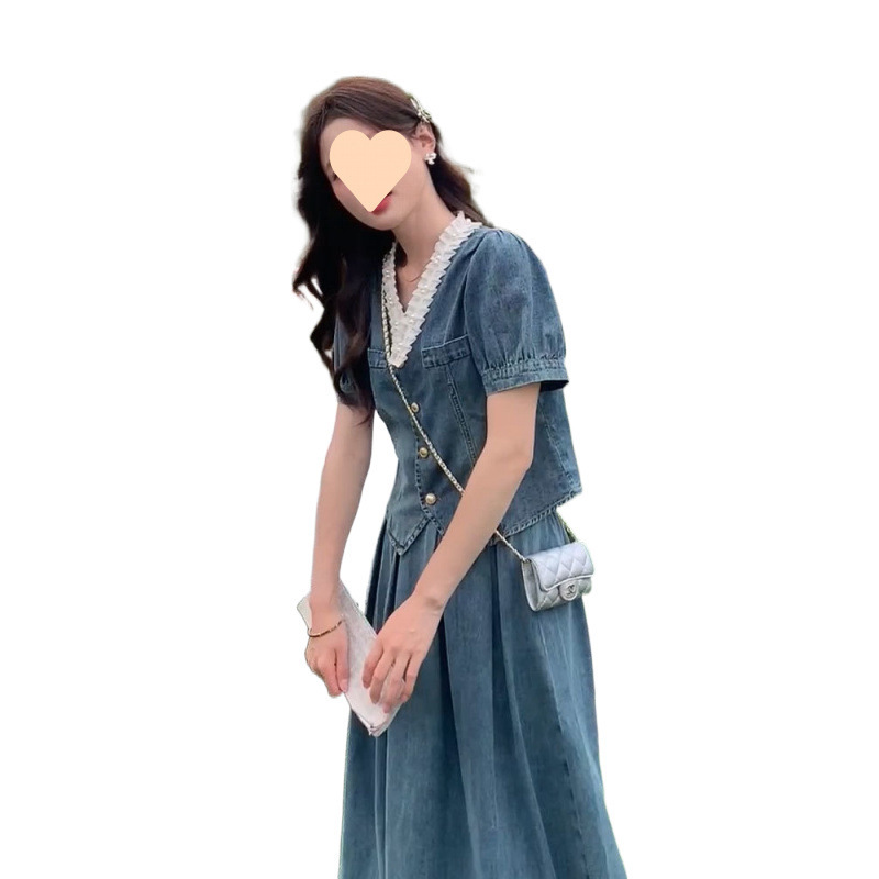 韩系穿搭牛仔套装裙女夏季2025年新款泡泡袖领上衣半身裙两件套|undefined
