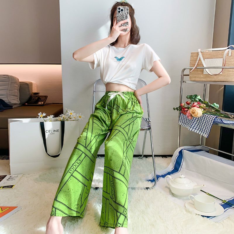 여름 면화 실크 파자마 바지 여성용 얇은 사이버 인기있는 자른 와이드 레그 바지 느슨한 플러스 사이즈 슬림 핏 코튼 실크 모기 방지 바지