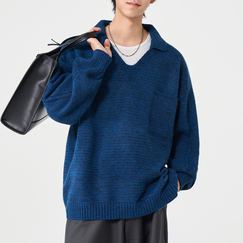 Minimalistische herentrui in Koreaanse stijl – effen gebreide trui met losse revers (zwart/marineblauw/groen/grijs/crème, M-3XL)_voghion.com