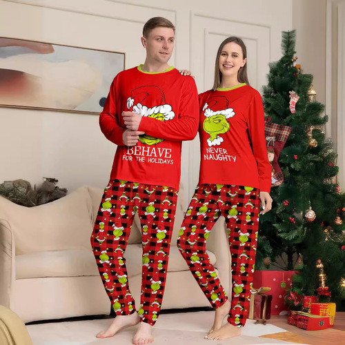 2026 New Small Monster Parent-Child Christmas Homecoming Set with Cartoon Check Print Two-Piece Pajamas